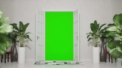 Door Opening Animation In A Light White Room, Green Screen Chroma Key