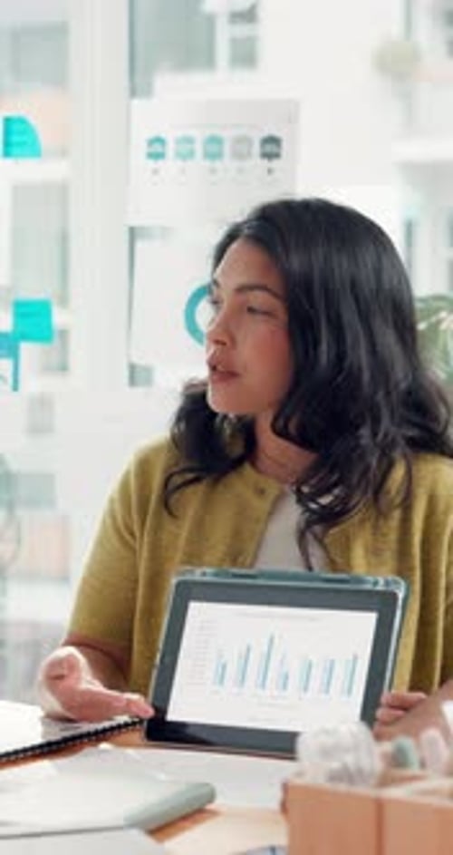 Business, tablet screen and woman in meeting, graphs and talking with feedback for company sales