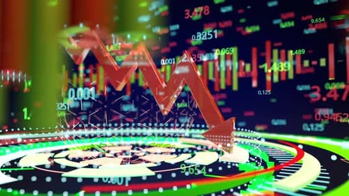 Gráfico financiero que indica la caída del mercado con una flecha roja