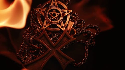 Religion Symbol Pentagram And Christian Cross On Fire 2