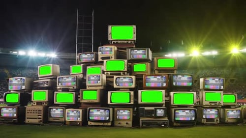Retro TV Stack With Green Screens, Football Stadium Background