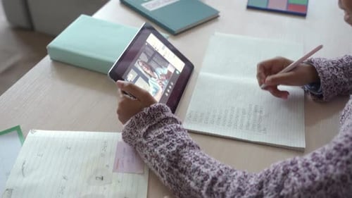 African American School Kid Child Girl Holding Digital Tablet Talking to Remote