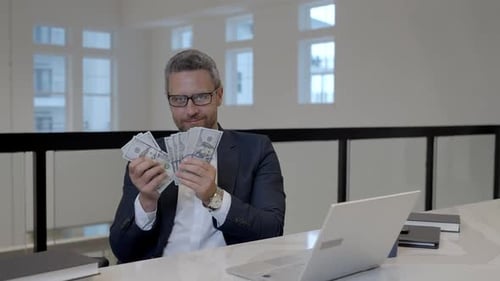 Business Man Counting Money in Office Rich Man in Suit with Money Successful Business Man Hold