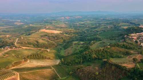 Drone Panning Over Landscape Near San Gimignano Tuscany Italy at Sunset