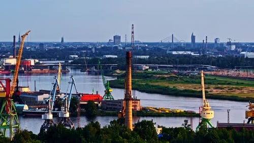 Aerial Parallax of the Port of Riga with the City Skyline