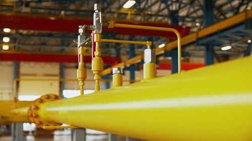 Shining Yellow Pipes in Gas Compression Station Close View