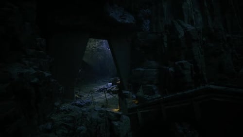 Secret Cave Illuminated Luminescent Moss and Glowing Lanterns Create Ambiance