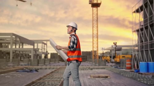 Asiatischer Mann betrachtet Bauplan in seinen Händen, während er auf der Baustelle geht