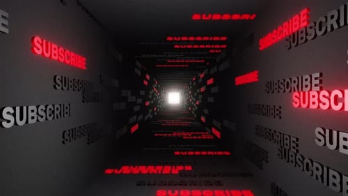 Text der Abonnement-Schaltfläche im 3D-Rendering mit schwarzem Tunnelhintergrund. Abonniere diesen Kanal. Soziales Netz