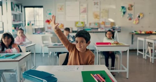 School, education and boy with question in classroom for lesson, learning and quiz for studying