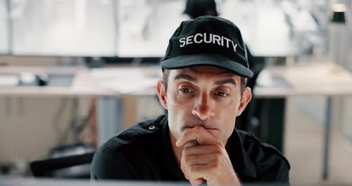 Man, security guard or control room with surveillance for safety monitoring in secure building