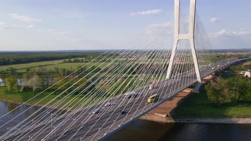Aerial View of Cable Stayed Bridge with Cars Over Odra River in Wroclaw Poland