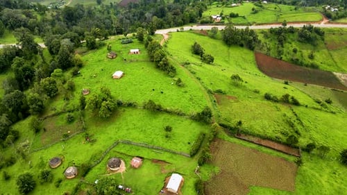 Aerial drone view of Africa kenya. Drone flying in rural settlement of Kenya villages.