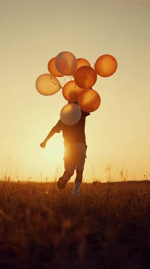Happiness and Joy of Little Child Running Over Field with Balloons in Hand Back View Carefree