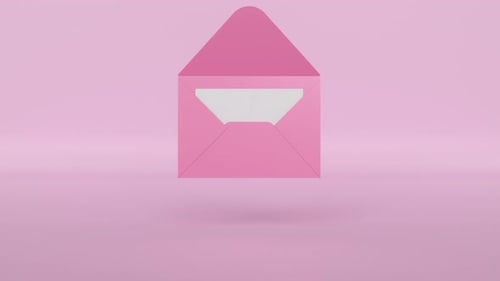 3d pink paper envelope is opened and white sheet of paper reveals. Invitation or greeting card
