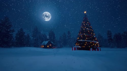 Cozy Christmas Night: Snowy Forest with Decorated Tree and Full Moon