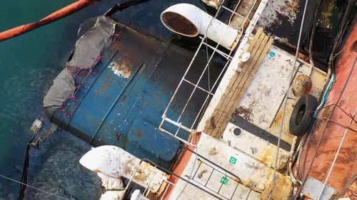 Close Up Top View of Broken Rusty Oil Tanker Ship After the Wreck