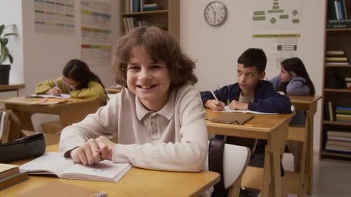Junge sitzt in der Schule am Schreibtisch und schaut in die Kamera
