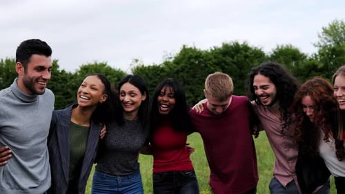 Diverse group of friends have fun together in the city, Friendship and diversity concept