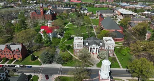 American college university campus aerial establishing shot in spring season. Historic buildings and