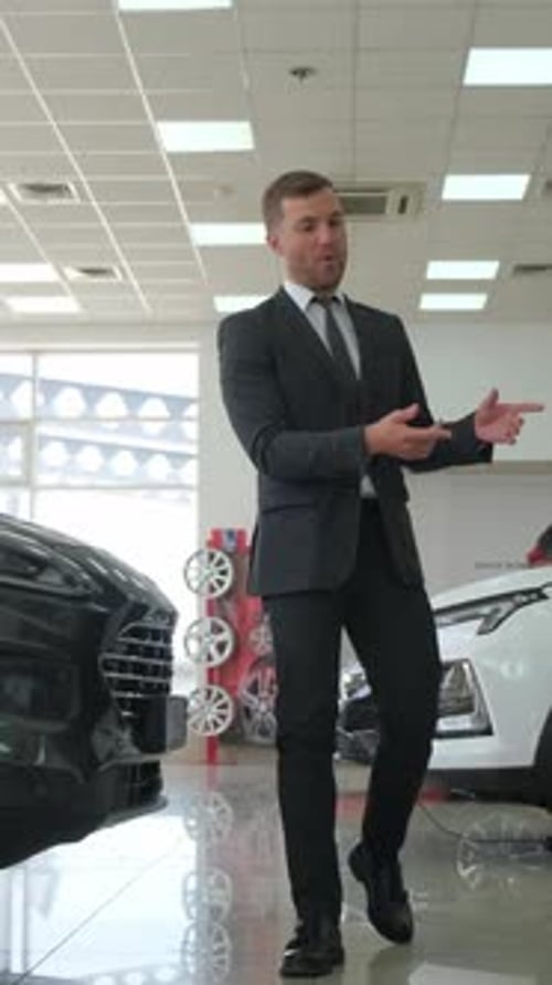 A Man in Formal Attire is Browsing Cars in a Showroom Vertical Video