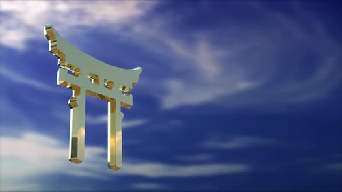 Golden 3D Torii Gate Against Moving Sky Background
