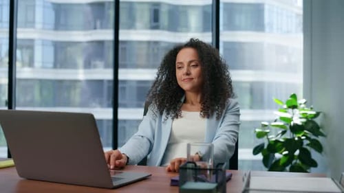 Satisfied Director Enjoy Good Results in Panoramic Windows Place. Happy Businesswoman Dreaming