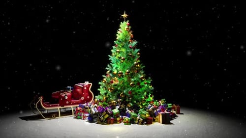 Christmas Tree with Gifts and Sleigh in Falling Snow
