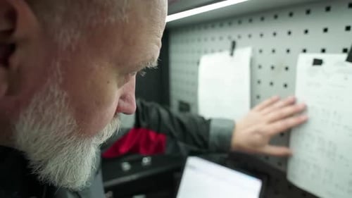 Grayhaired Worker in a Working Suit Technical Engineer Preparation Before Work in a Van Workplace