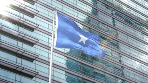 Somalia Flag Waving in Front of Modern Corporate Building