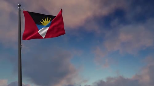 Waving Antigua and Barbuda Flag with Cloudy Sky Background