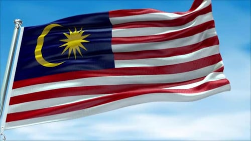 Realistic Malaysian Flag Waving Against Blue Sky
