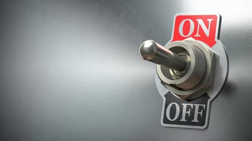 Interruptor vintage de encendido/apagado. Panel de control analógico. Concepto de inicio o fin. Animación de vídeo 3D