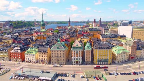 Approaching aerial view about the downtown of Stockholm and its environment, Sweden.