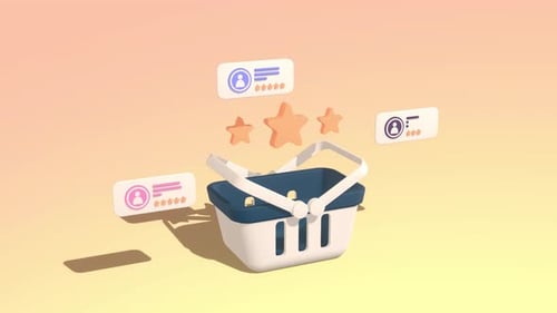 Animated Shopping Cart With Customer Five Stars Review.