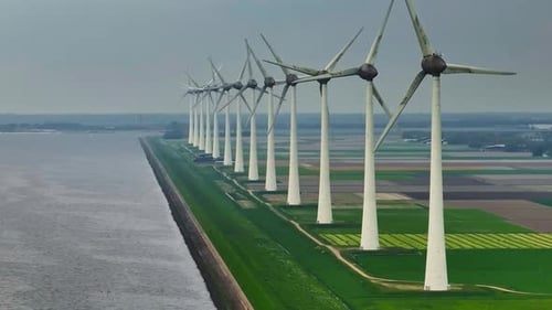 Aerial View of Offshore Windmill Park with Blue Sky Windmill Park in the Sea Aerial View of Wind