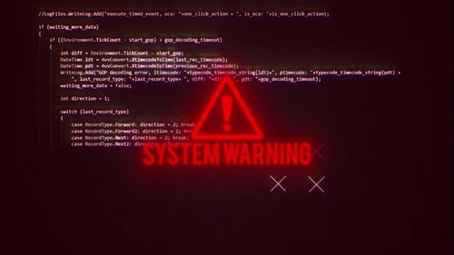 Red Glitch System Warning Animation with Code Background