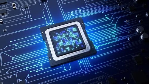 Animated CPU Processor with Digital Data Flowing on Circuit Board