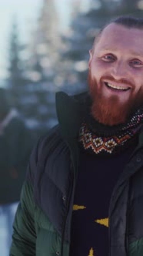 Joyful Ginger Outdoors Warm Smile in Winter Forest Scene Cheerful Redhead Enjoying Sunlight Through