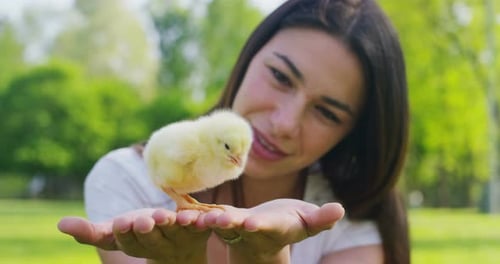 Woman Holds Baby Chick in Sunny Green Setting
