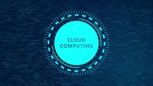 Futuristisches HD-Cloud-Computing-Konzept mit rotierenden HUD-Elementen und Schaltungsdesign