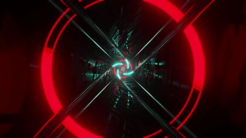 A red and blue light streaks in a dark tunnel. Looped animation