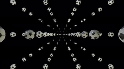 Animación en bucle sin fisuras de balones de fútbol volando linealmente hacia la cámara