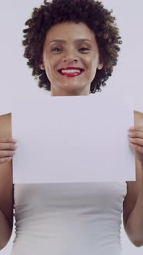 Girl, blank poster and beauty in studio with cosmetics, mock up space or afro on white background