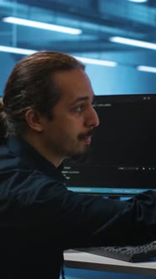 Vertical Video Men Coding Together in High Tech Server Hub Using Computers to Analyze Data