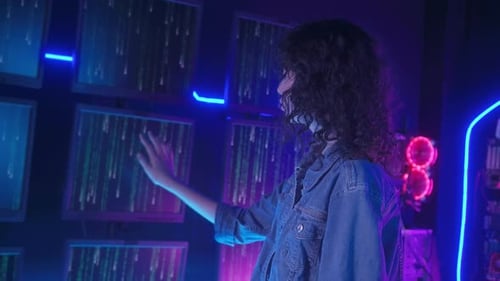 An Asian woman is touching interface on virtual reality screen , Technology futuristic concept .