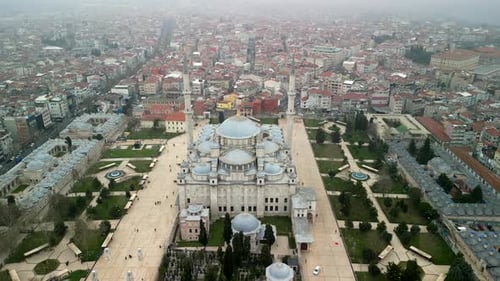 Fatih Mosque in Istanbul Turkey zoom-out and fly above shot