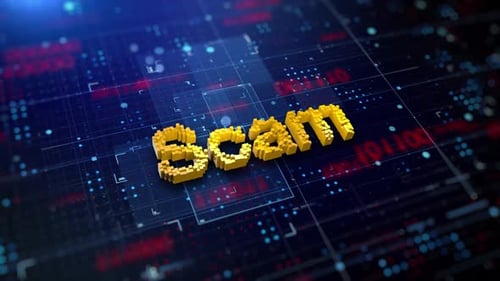 Animated Pixel 3D Scam Text on Digital Circuit Board