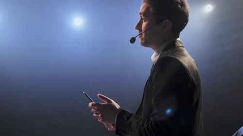 Speech of Business Man Employee at Business Conference for Office Workers Speaker Talks to Audience