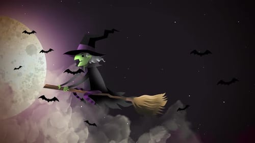 green witch flying on broom in full moon night with bats